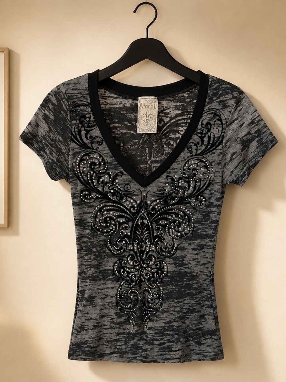 Vocal Black and Gray V‑Neck Short Sleeve Top with Rhinestone Scroll Motif